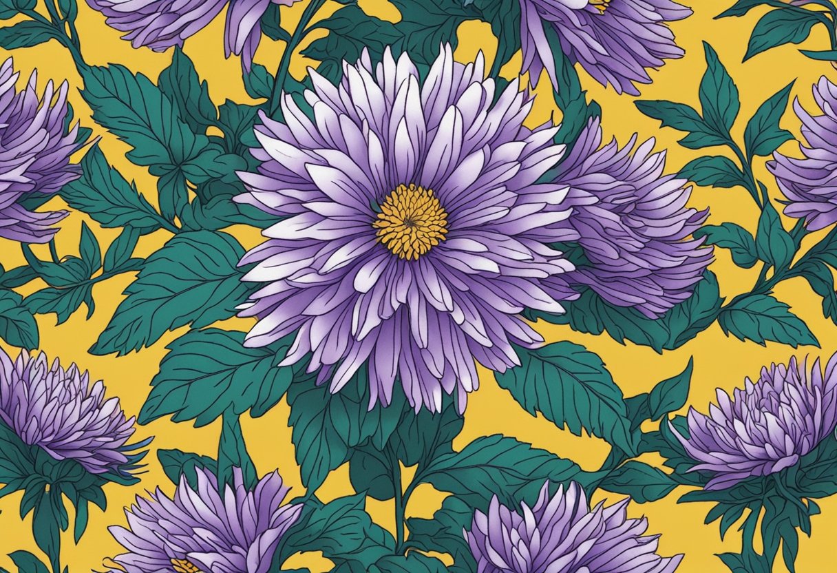 Aster flowers adorn a colorful cultural tapestry, featured in media as a symbol of beauty and elegance
