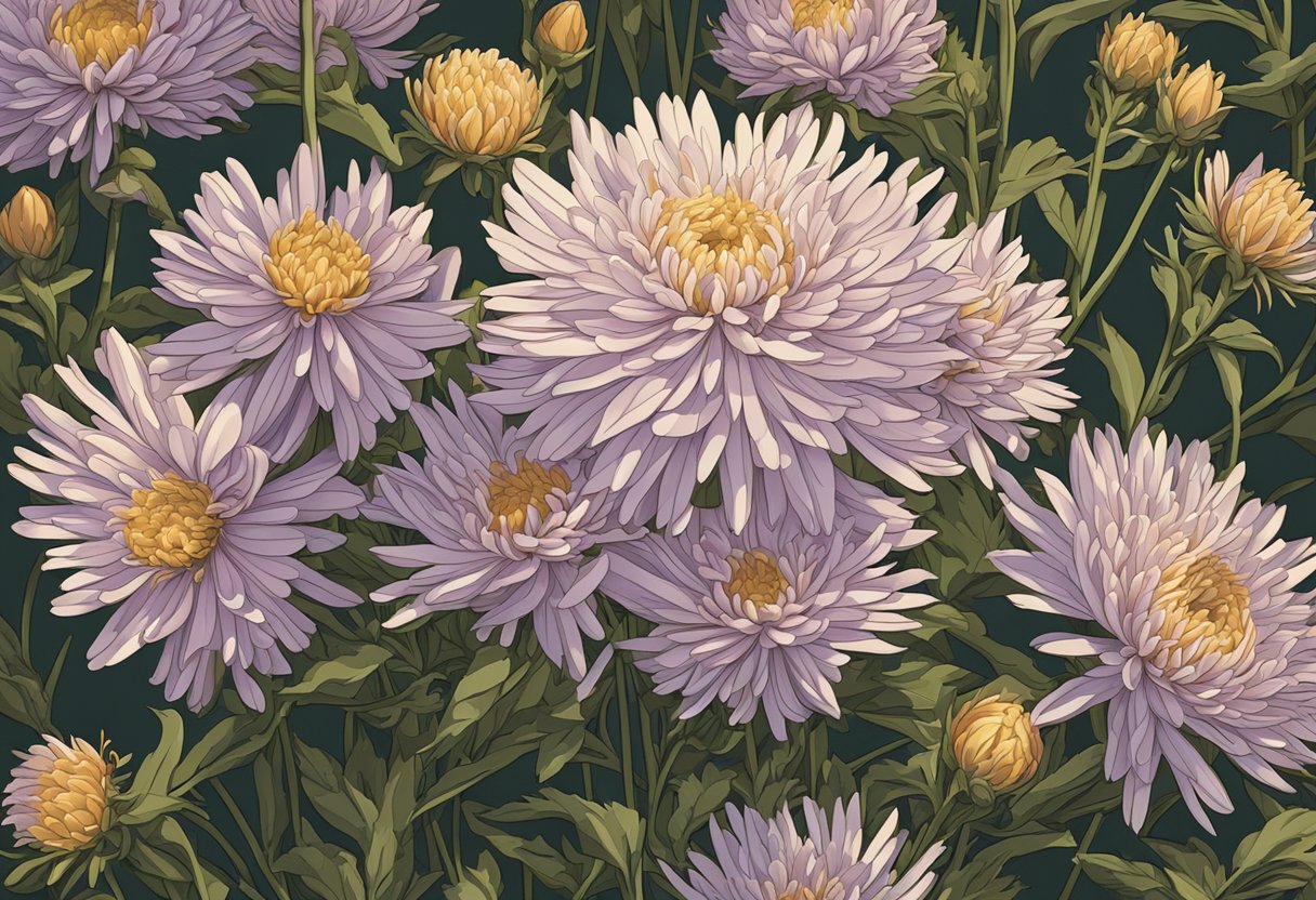 Aster flowers bloom in a garden, surrounded by similar names like "Esther" and "Astra." The sun shines down, casting a warm glow on the delicate petals