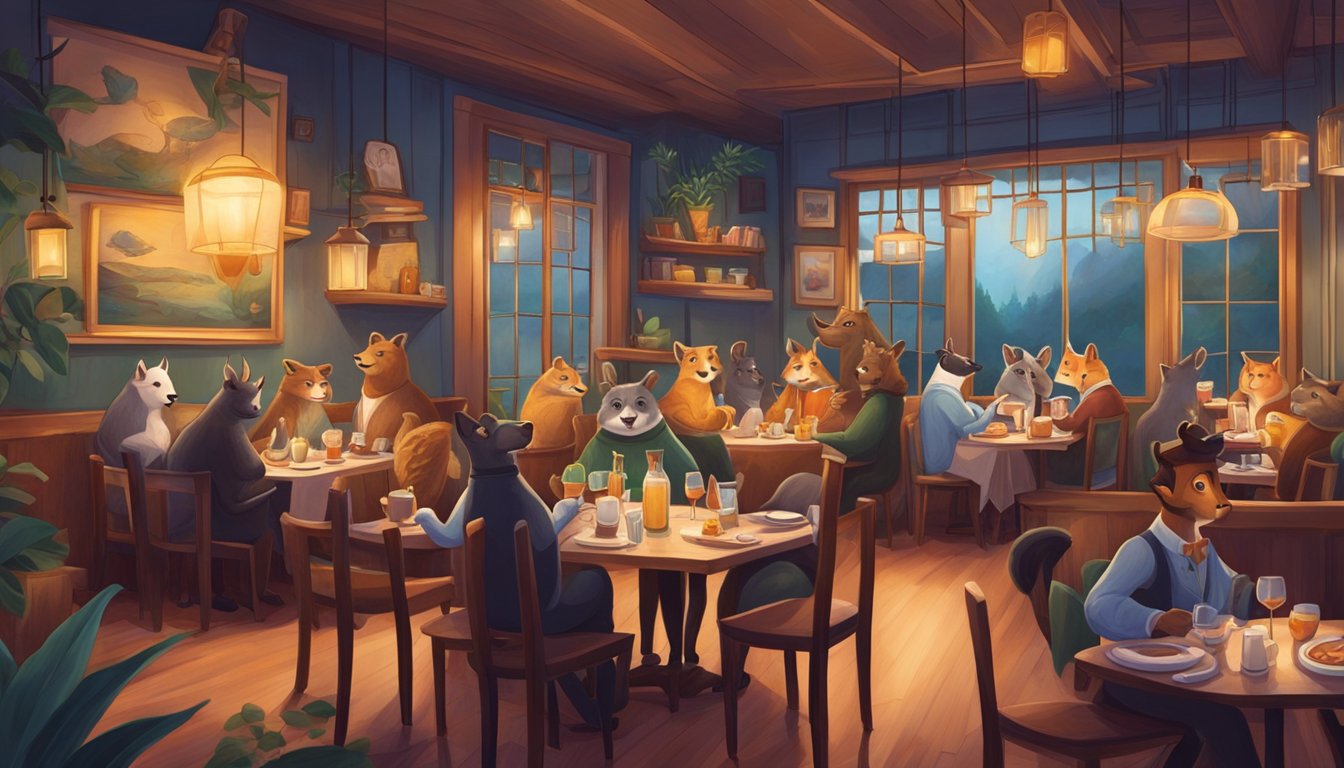 Animals dining at tables in a cozy restaurant, with waiters serving food and drinks. Decor includes animal-themed artwork and cozy lighting