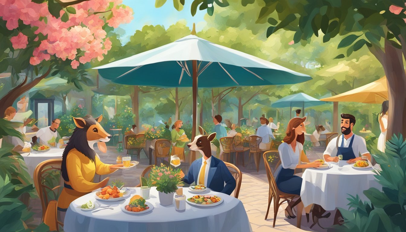 Animals dining at outdoor tables, surrounded by lush greenery and colorful flowers. A friendly atmosphere with waiters serving food and drinks