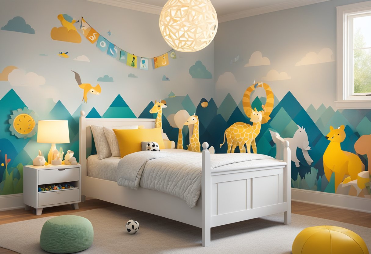 Astor's name written on a nursery wall, surrounded by playful animal illustrations and colorful toys