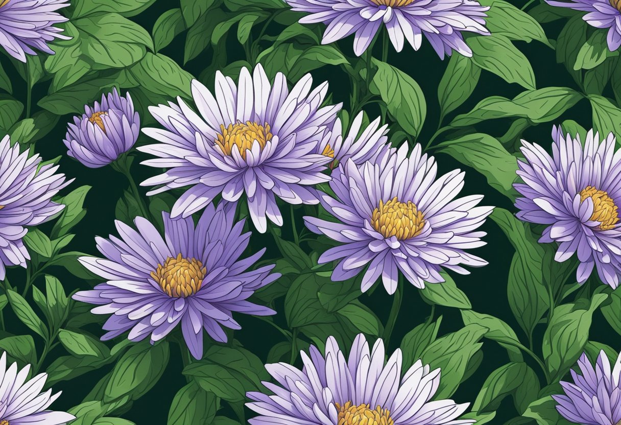 A blooming aster flower surrounded by vibrant green leaves, symbolizing patience, elegance, and love