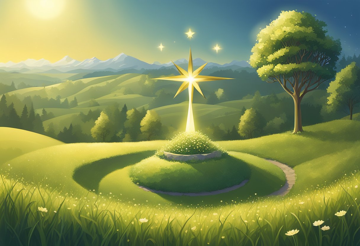 A golden star shines above a peaceful meadow, where a small sapling grows, bearing the name "Astor" in elegant script