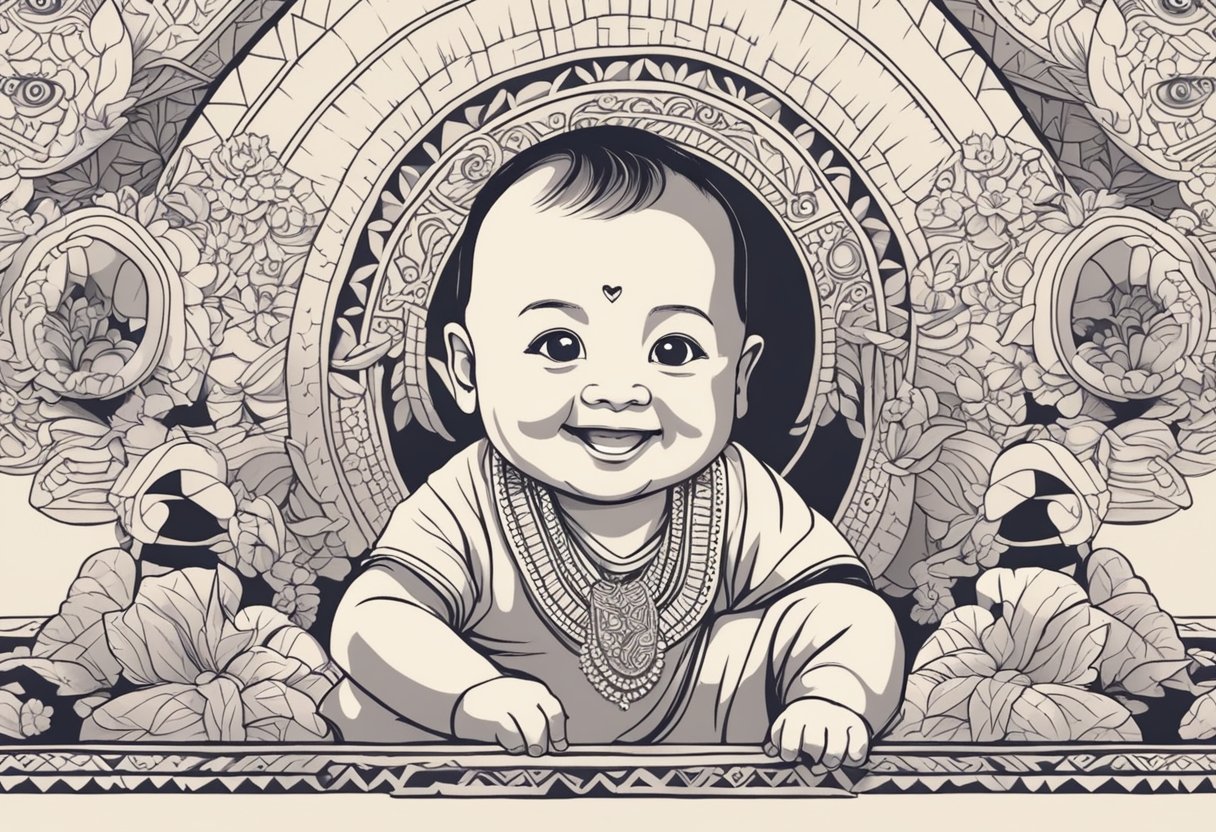 A smiling baby surrounded by traditional Assamese motifs and symbols