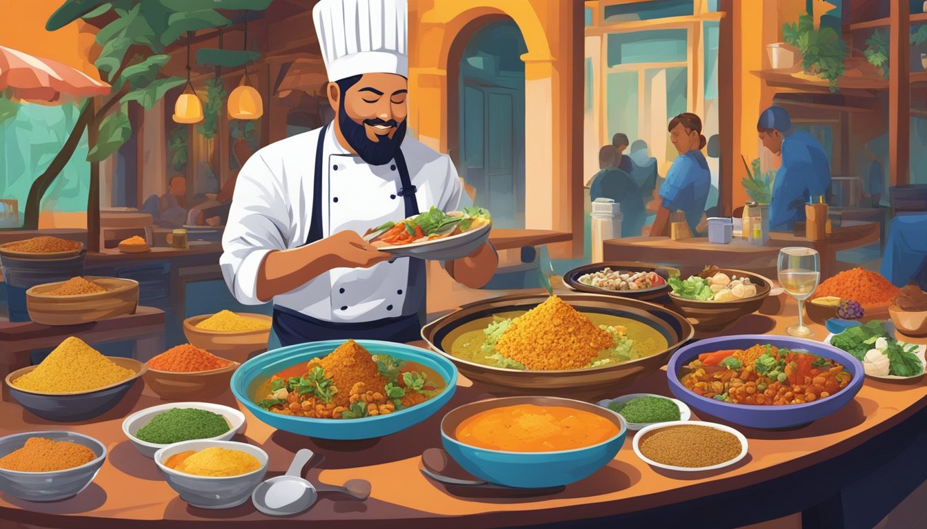 A table set with colorful dishes and exotic spices at Baba Chews restaurant. A chef prepares a fragrant curry while diners enjoy the vibrant atmosphere
