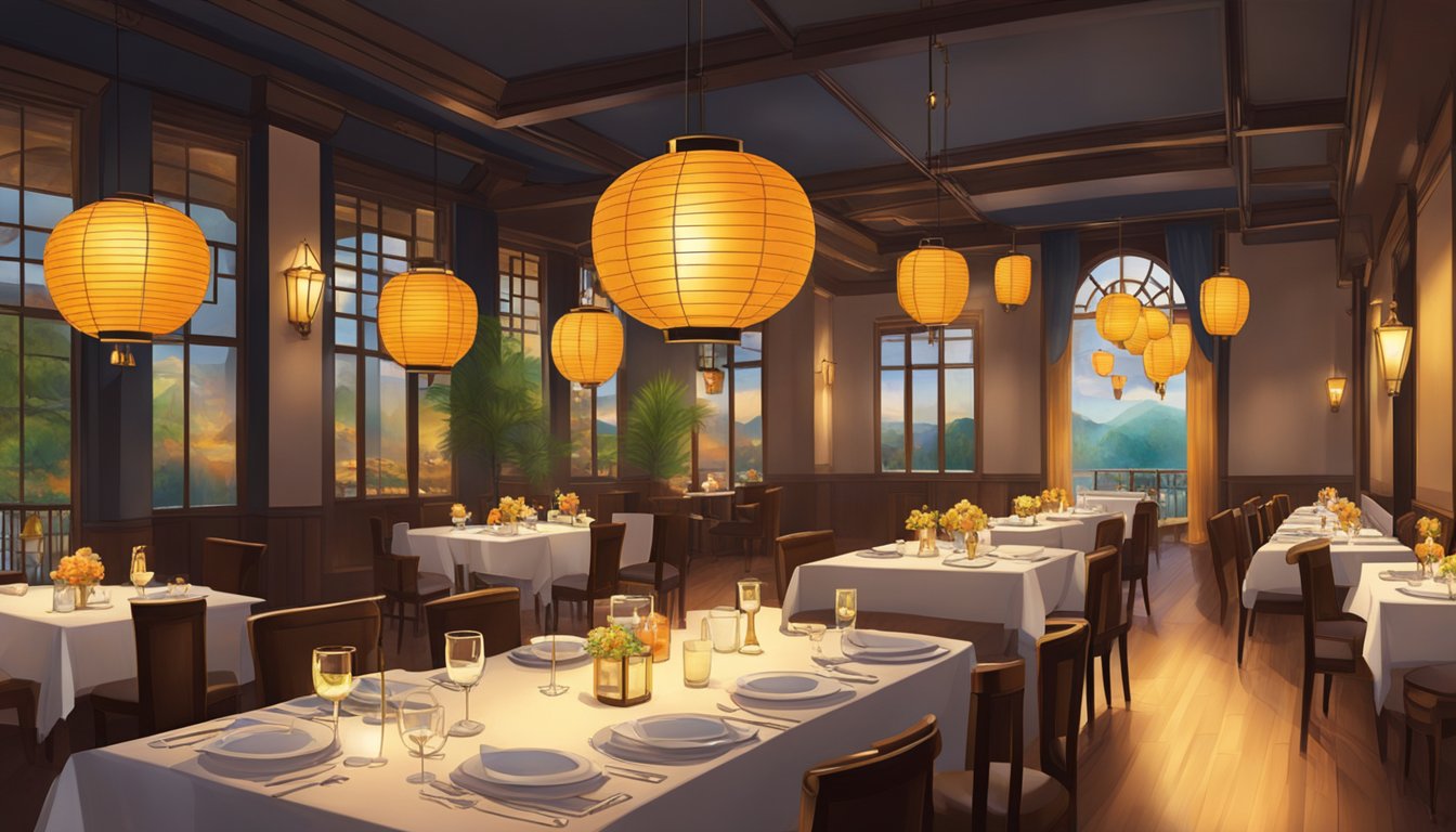The warm glow of hanging lanterns illuminates the elegant dining area. Waitstaff move gracefully among tables, attending to guests with attentive service