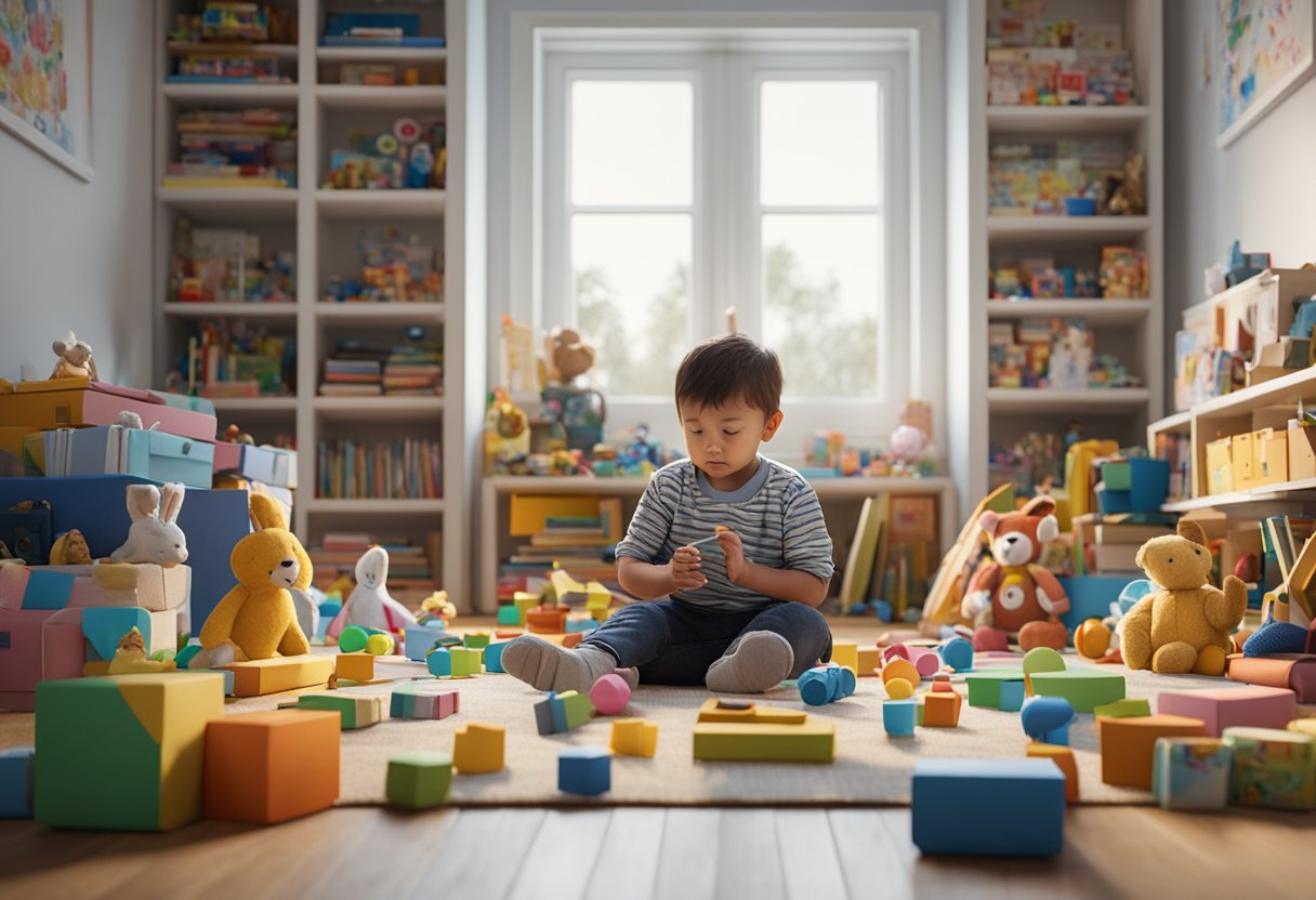 Uma criança brincando interessada no que esta está fazendo.