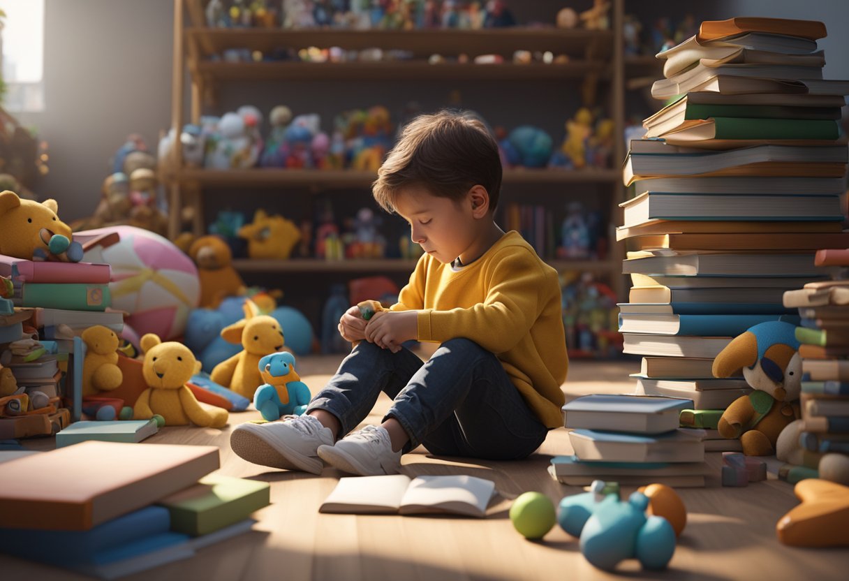 A child sits alone, surrounded by untouched toys and books, showing no interest in anything