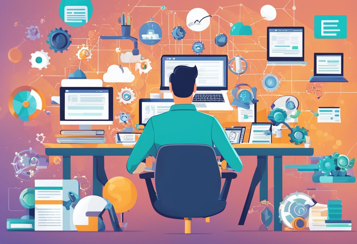A person surrounded by various SEO tools, creating content