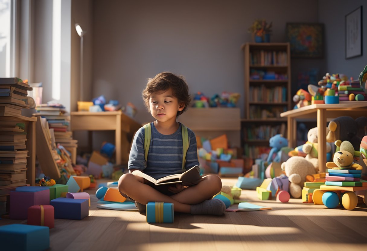 A child sits alone, surrounded by untouched toys and books, showing no interest in anything