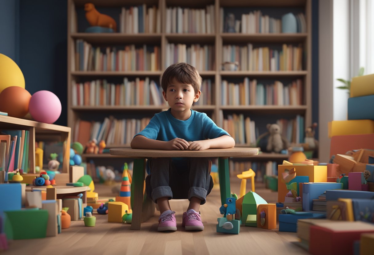 A despondent child sits alone, surrounded by untouched toys and books, showing no interest in anything