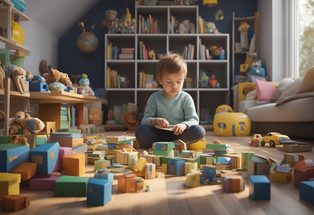 A disinterested child surrounded by untouched toys and books
