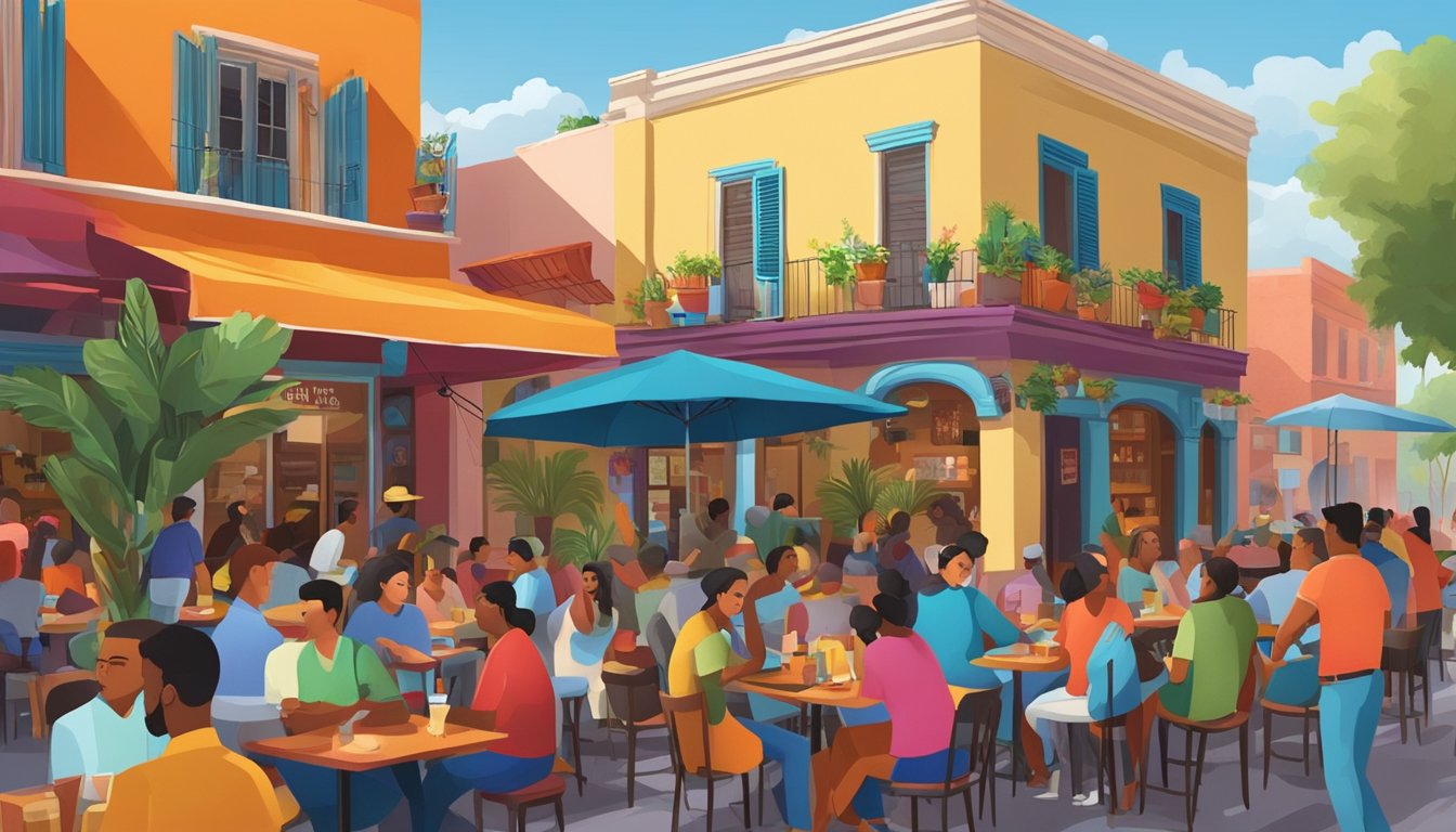 A bustling barrio restaurant with colorful facades, outdoor seating, and lively music