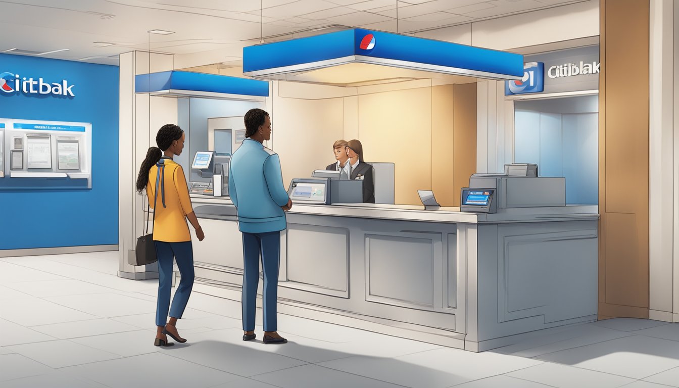 A customer walks into a Citibank branch, fills out a loan application, and receives cash from a teller. The Citibank logo is prominently displayed in the background
