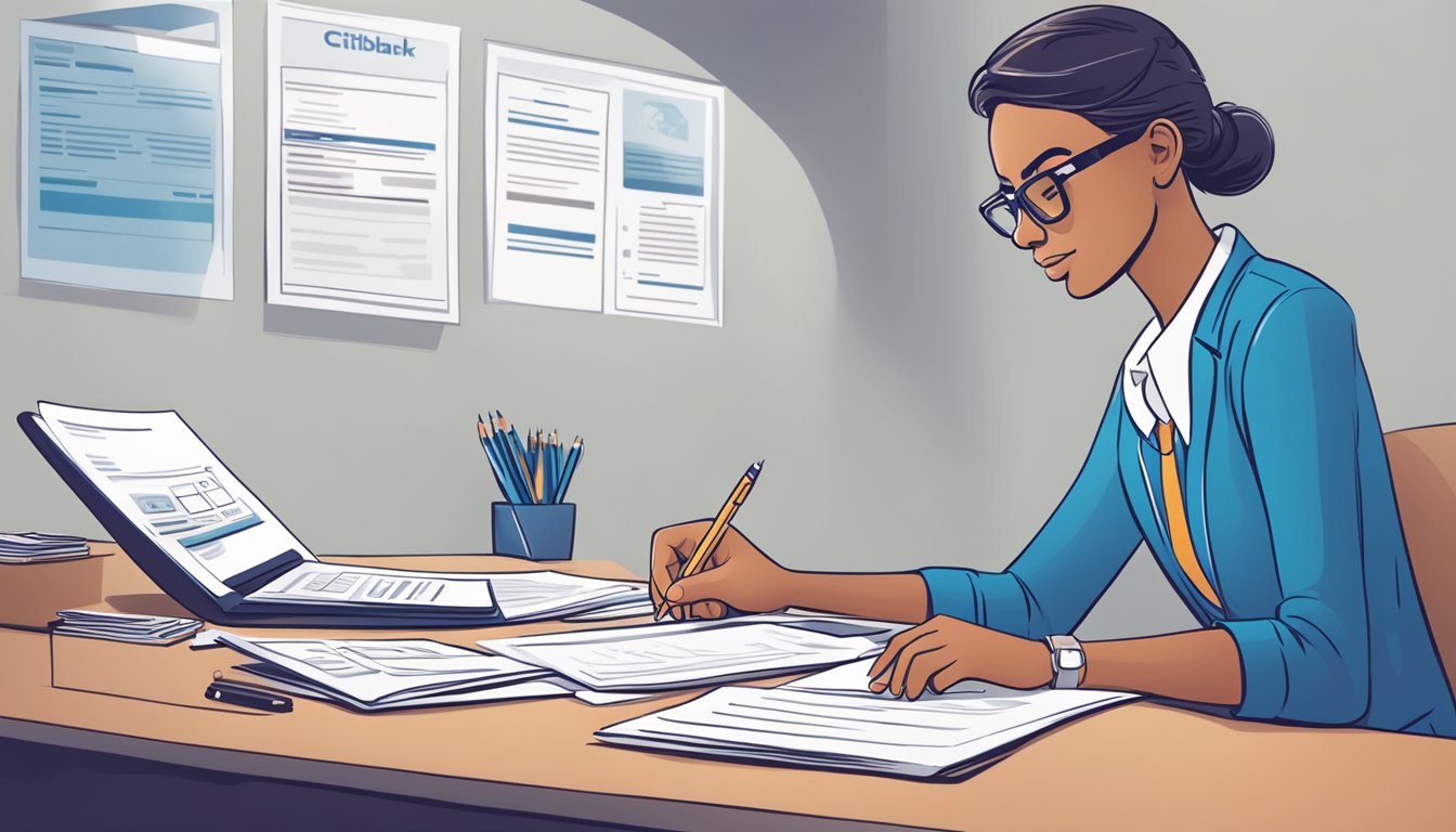 A customer sitting at a desk, filling out a loan application form with a Citibank Quick Cash Loan advertisement displayed prominently in the background