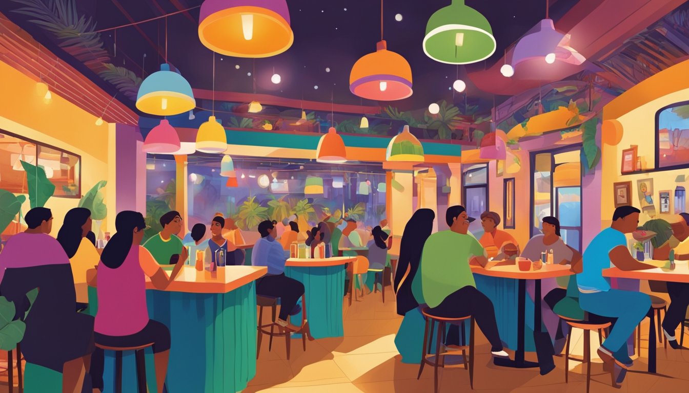 Customers enjoying food, drinks, and live music at a vibrant barrio restaurant. Colorful decor and lively atmosphere create a welcoming experience