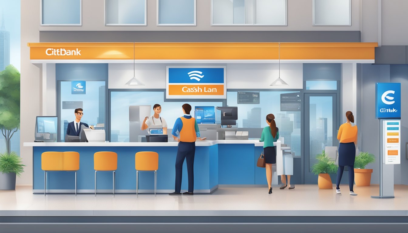 A bright and modern Citibank branch with a prominent Quick Cash Loan sign, customers at the counter, and a friendly staff assisting