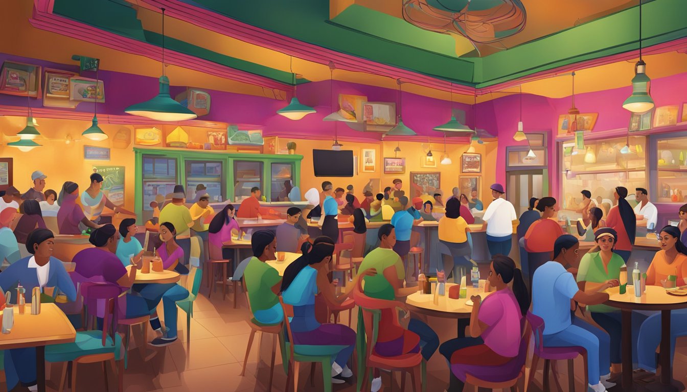 A bustling barrio restaurant with colorful decor, lively music, and a busy staff serving a diverse group of customers
