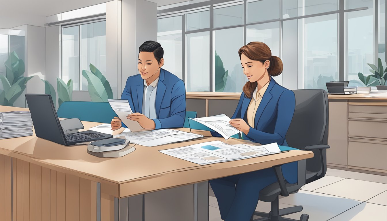 A customer sitting at a desk, reviewing loan documents with a Citibank representative. The representative is explaining the features of the Quick Cash Loan