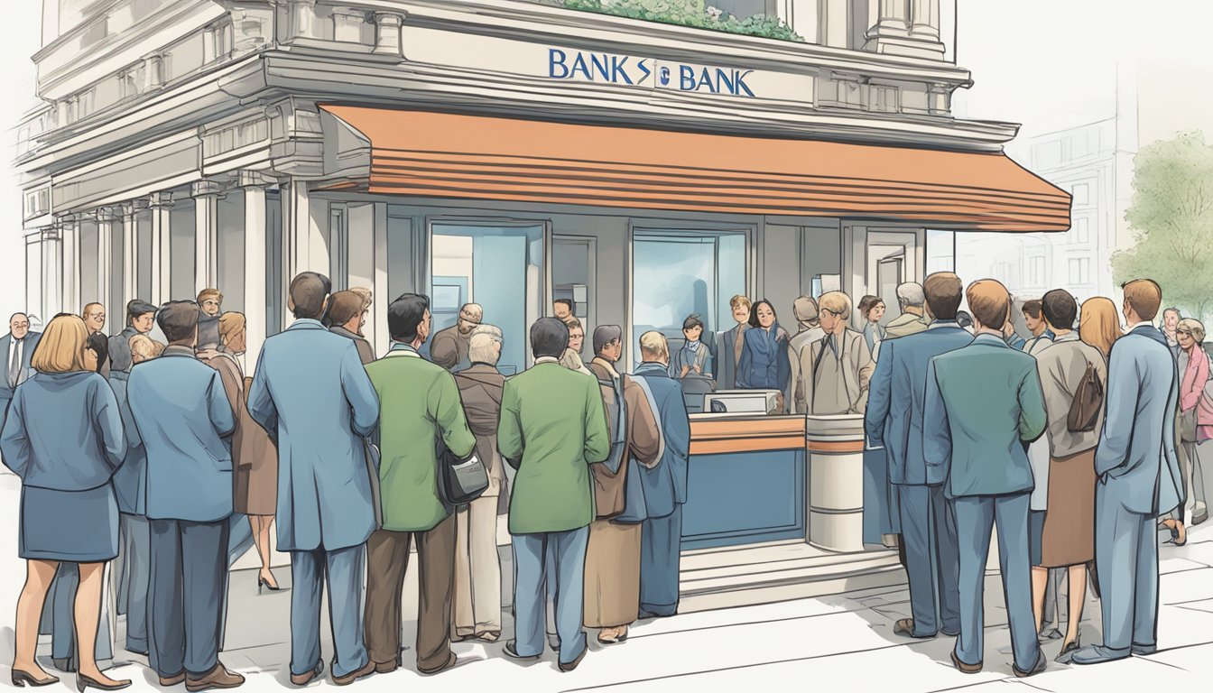 A group of banks stand side by side, with Citibank prominently displayed. A line of customers waits eagerly for the Quick Cash Loan service, while a representative assists a satisfied client
