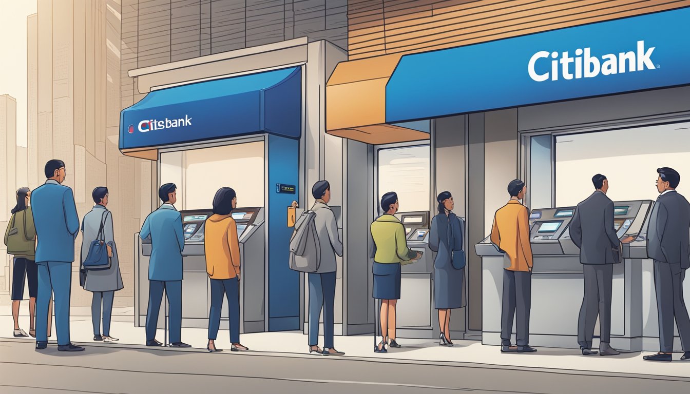 A group of banks stand side by side, with Citibank's logo prominently displayed. A line of new customers forms outside, eager to inquire about the Quick Cash Loan