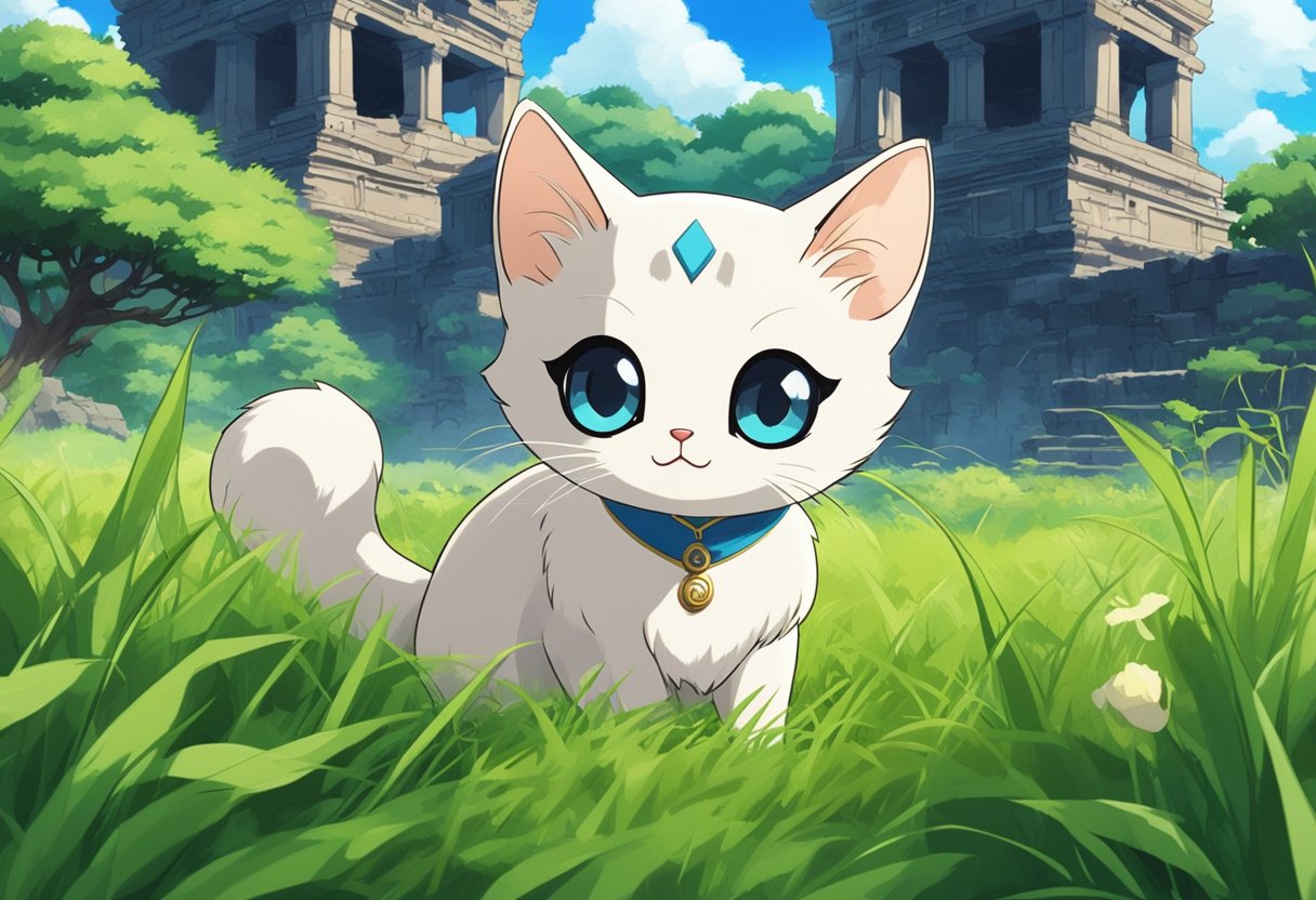 A Munchkin Siamese kitten sits on a lush green grass, surrounded by ancient ruins and symbols of its royal Siamese heritage