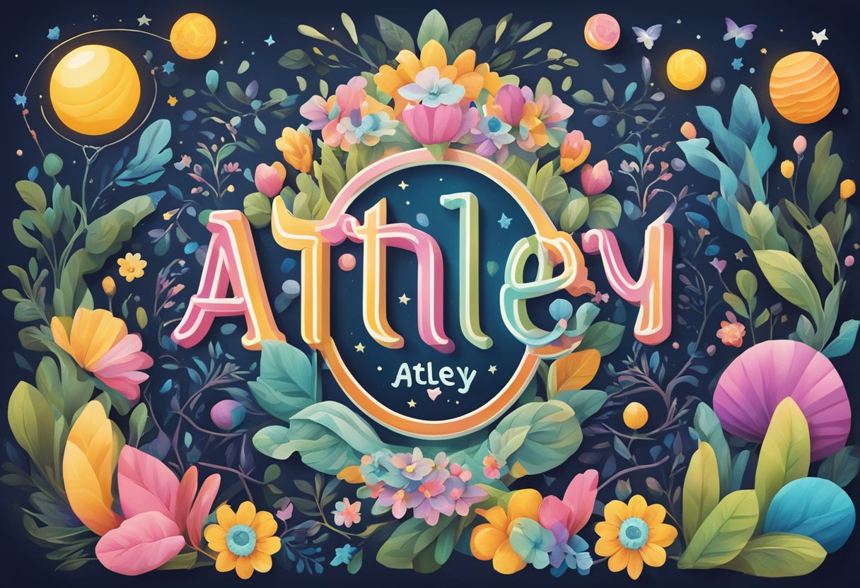 A baby name atley displayed on a decorative sign with colorful lettering and surrounded by playful, whimsical elements