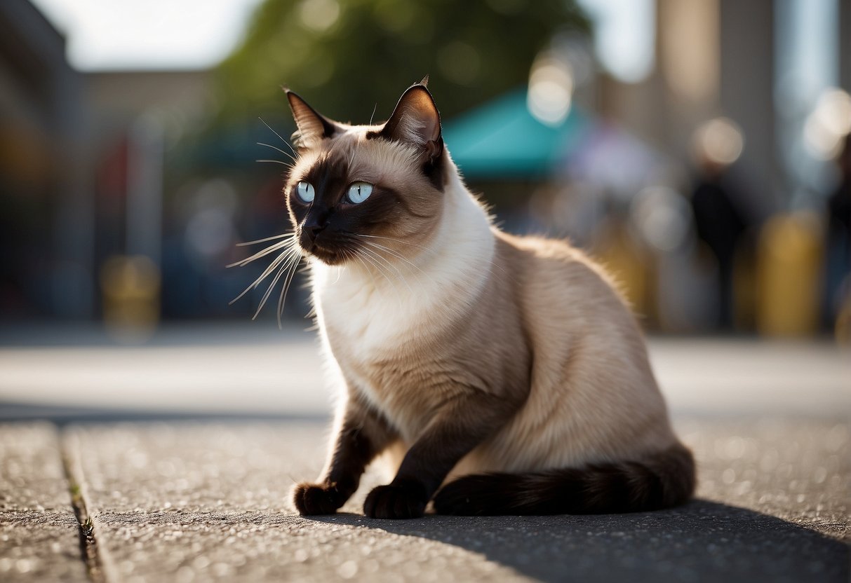 A short-legged Siamese cat sits among breeders and adoption signs