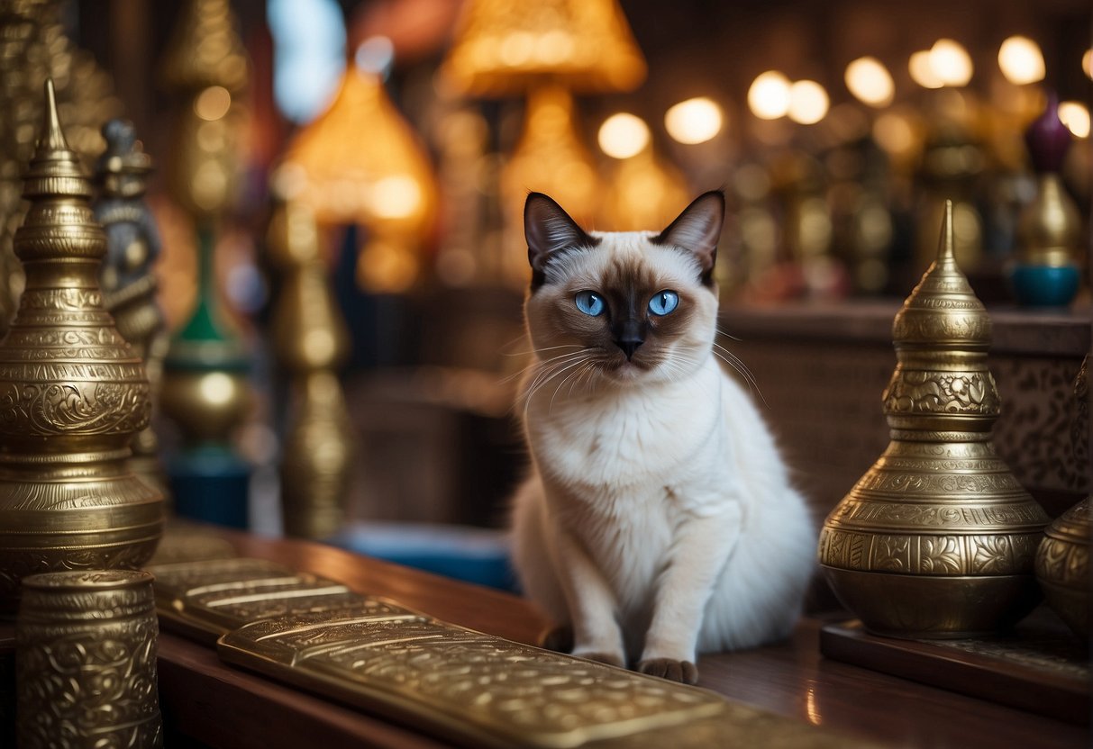 A short-legged Siamese cat is surrounded by cultural symbols, such as traditional Thai architecture, artwork, and music instruments