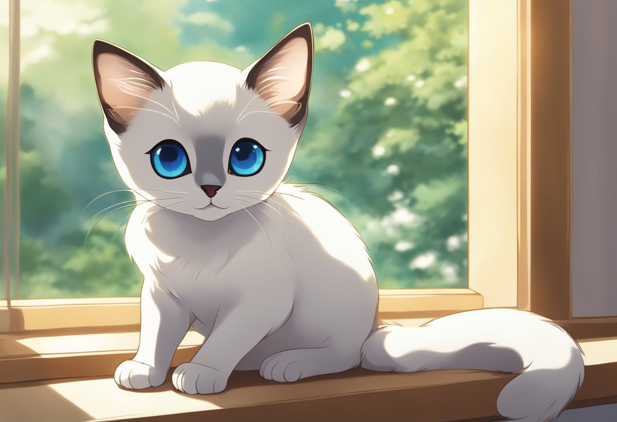 A small, sleek Munchkin Siamese kitten with blue almond-shaped eyes, short legs, and a pointed face sits gracefully on a sunlit windowsill, with its tail elegantly curled around its body
