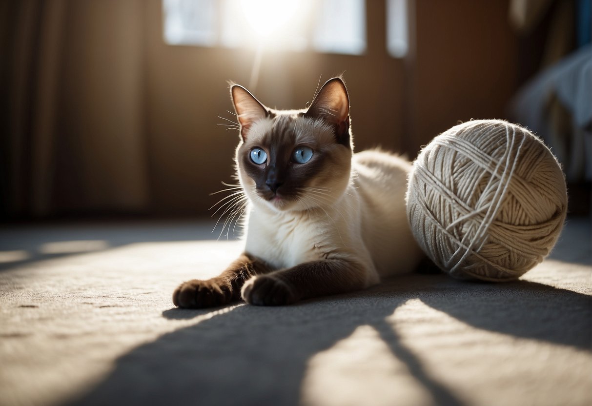 A short-legged Siamese cat plays with a ball of yarn in a sunlit room, its blue eyes wide with curiosity and its tail twitching with excitement