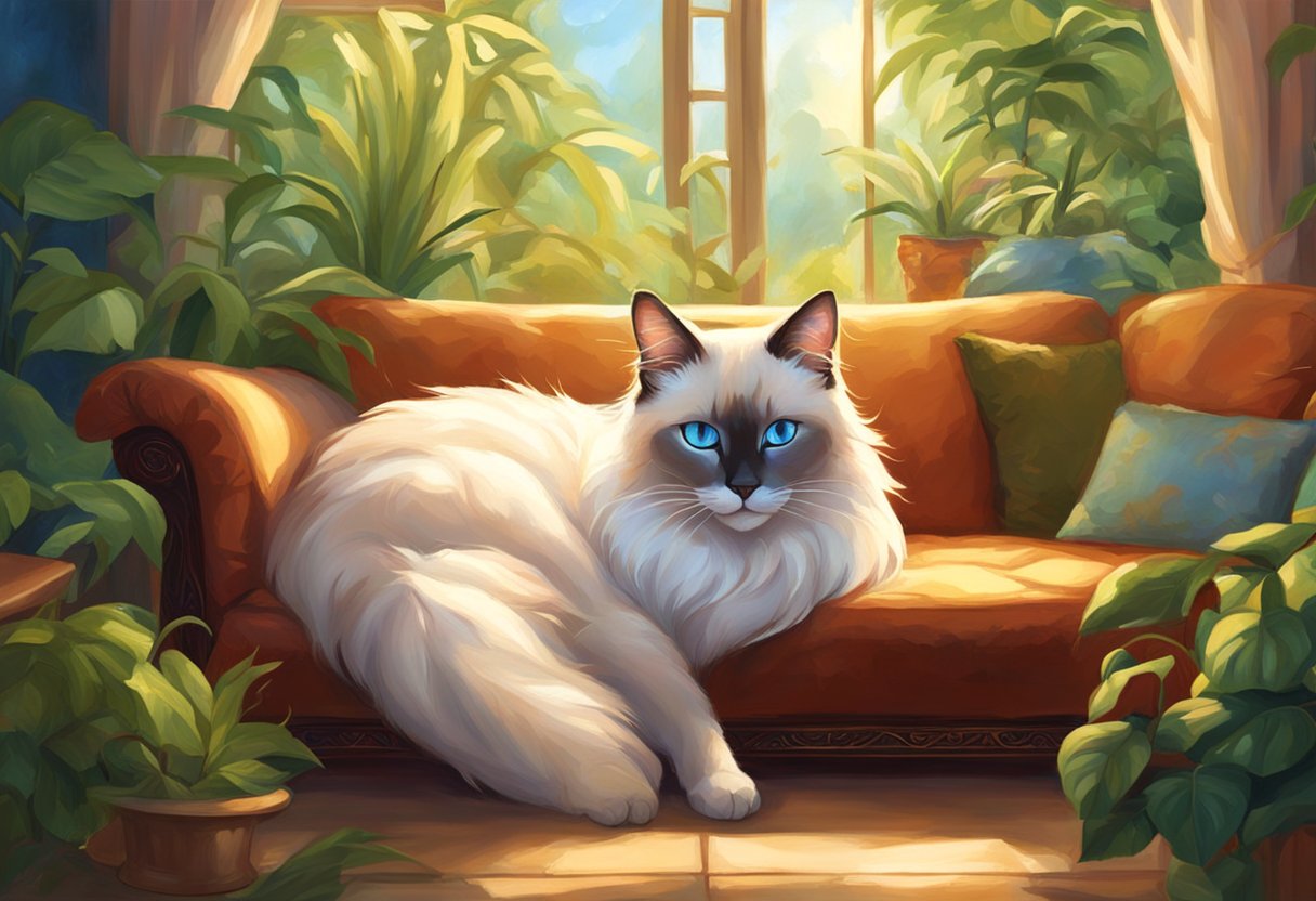 A Ragdoll-Siamese cat lounges in a sunlit living room, surrounded by lush green plants and cozy furniture. Its blue eyes gaze serenely out the window, capturing the peaceful atmosphere