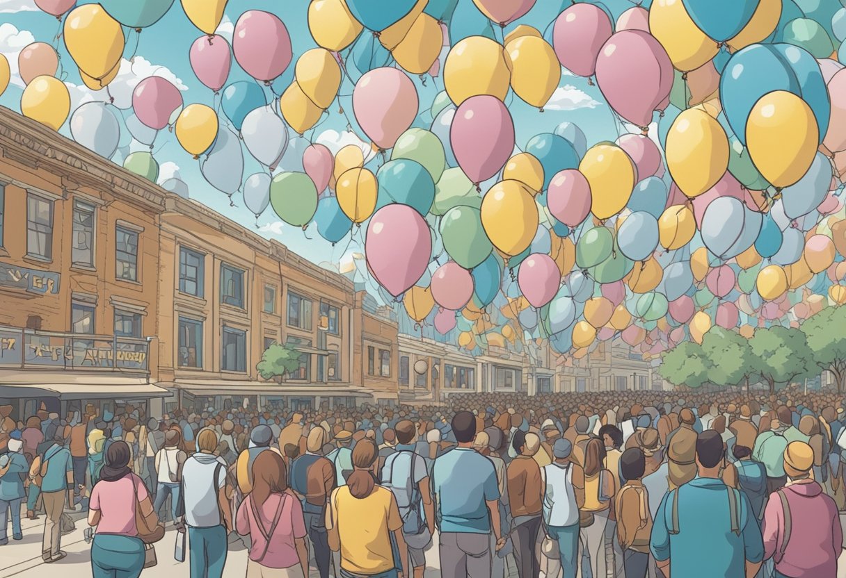 A crowd of bouncing balloons with "Atreyu" written on them fills the sky, while a line of parents eagerly await to purchase baby name books