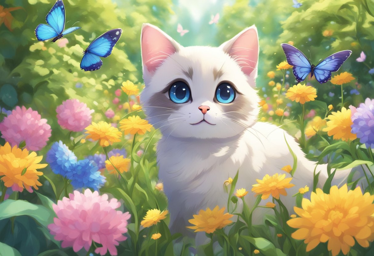 A playful Munchkin Siamese kitten explores a sunny garden, chasing butterflies and frolicking among colorful flowers