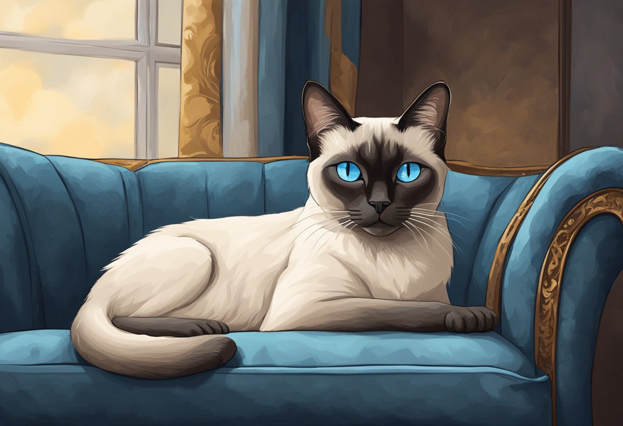 An old Siamese cat lounges on a worn velvet armchair, gazing out the window with wise, cloudy blue eyes
