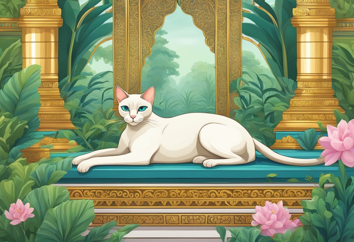 An ancient Siamese cat lounges in a grand palace, adorned with ornate Thai decorations and surrounded by lush greenery