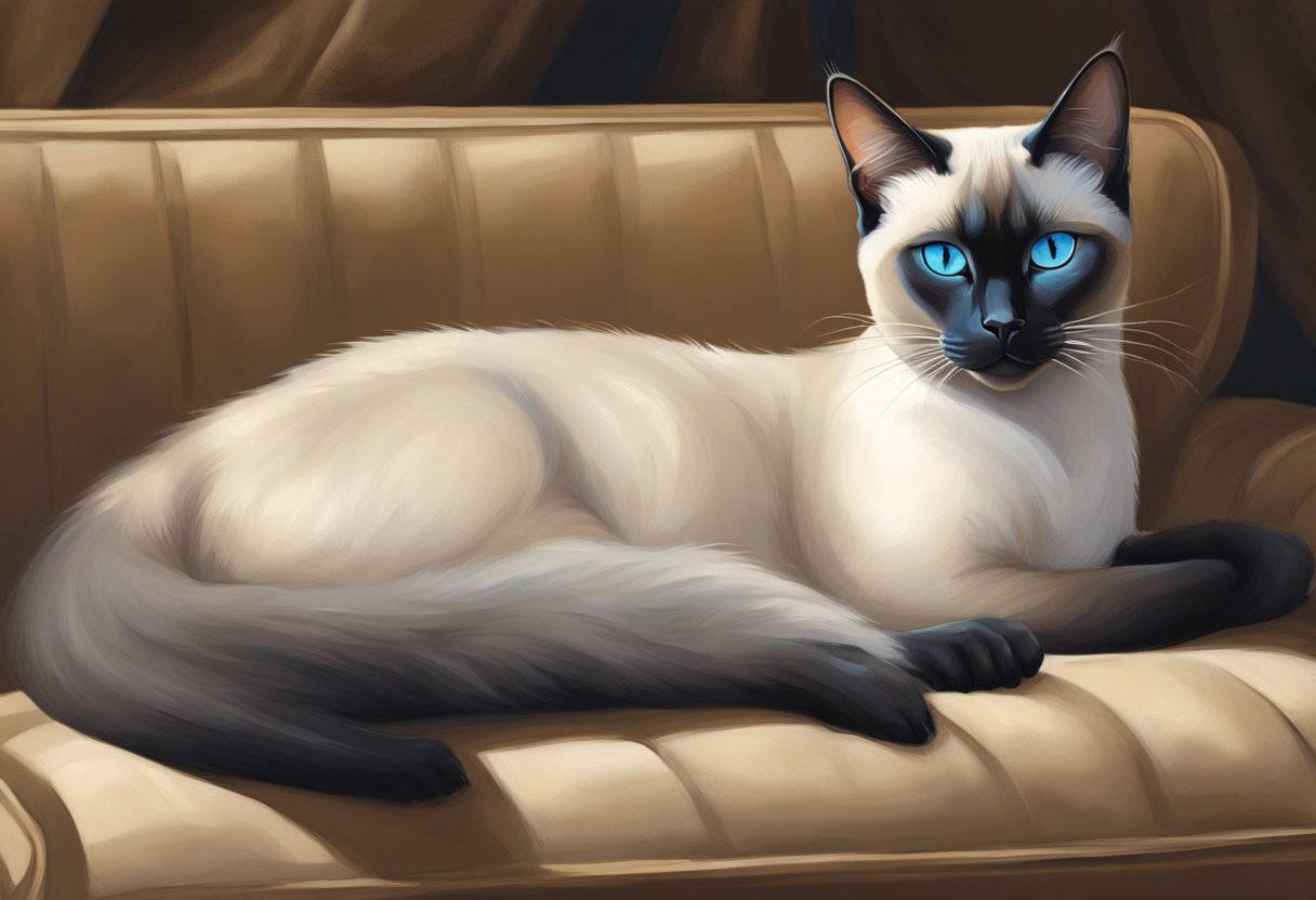 An old Siamese cat lounges on a cushioned perch, its sleek body draped elegantly over the edge. Its piercing blue eyes gaze off into the distance, exuding an air of wisdom and regal poise