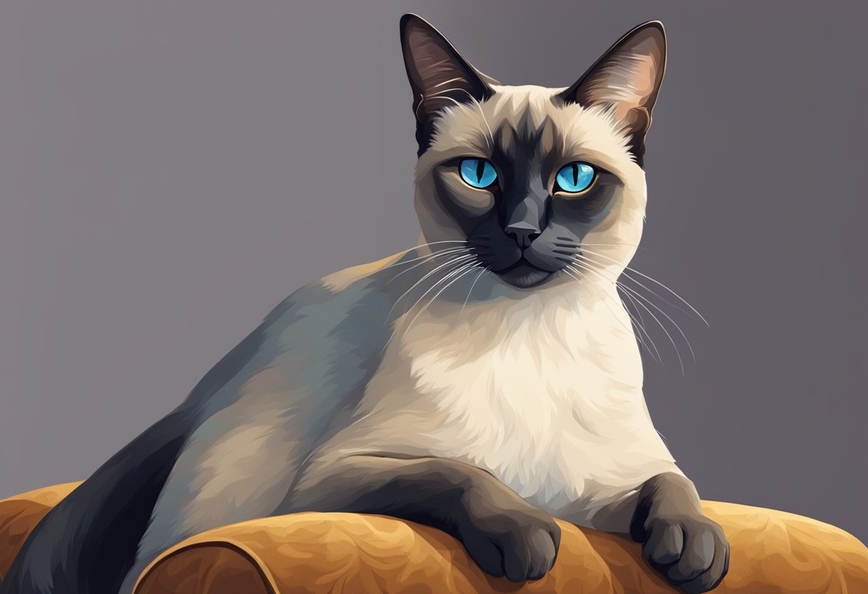 An old Siamese cat with a regal demeanor, sitting on a velvet cushion with a confident and charismatic expression