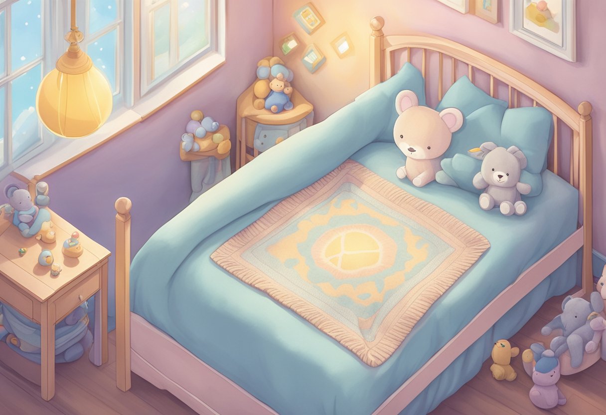 Atreus's name written on a soft, pastel-colored baby blanket, surrounded by small toys and a cozy crib