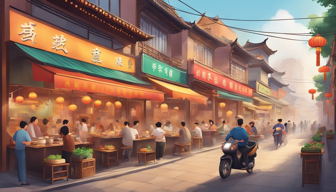 A bustling street lined with colorful, traditional Chinese restaurants, with steaming hotpots, sizzling woks, and fragrant spices filling the air