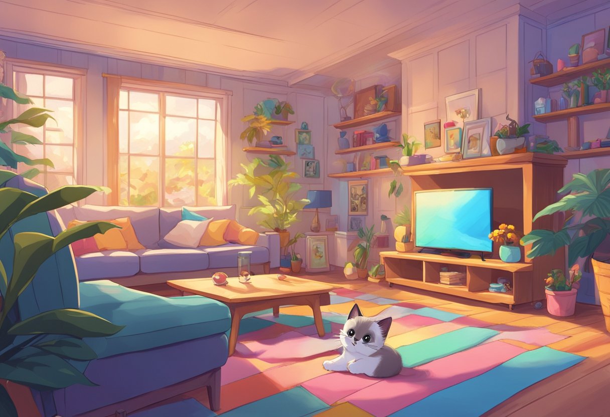 A playful Munchkin Siamese kitten chasing a toy mouse in a colorful, cozy living room setting