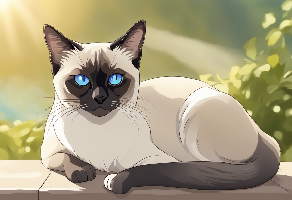 An old Siamese cat stretches in the sun, its fur gleaming and eyes bright. It looks content and healthy, with a peaceful expression on its face