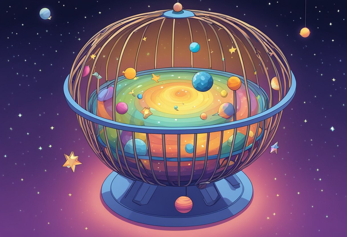 A small, round crib with the name "Atom" written in colorful letters on the side. A mobile of planets and stars hangs above, gently spinning