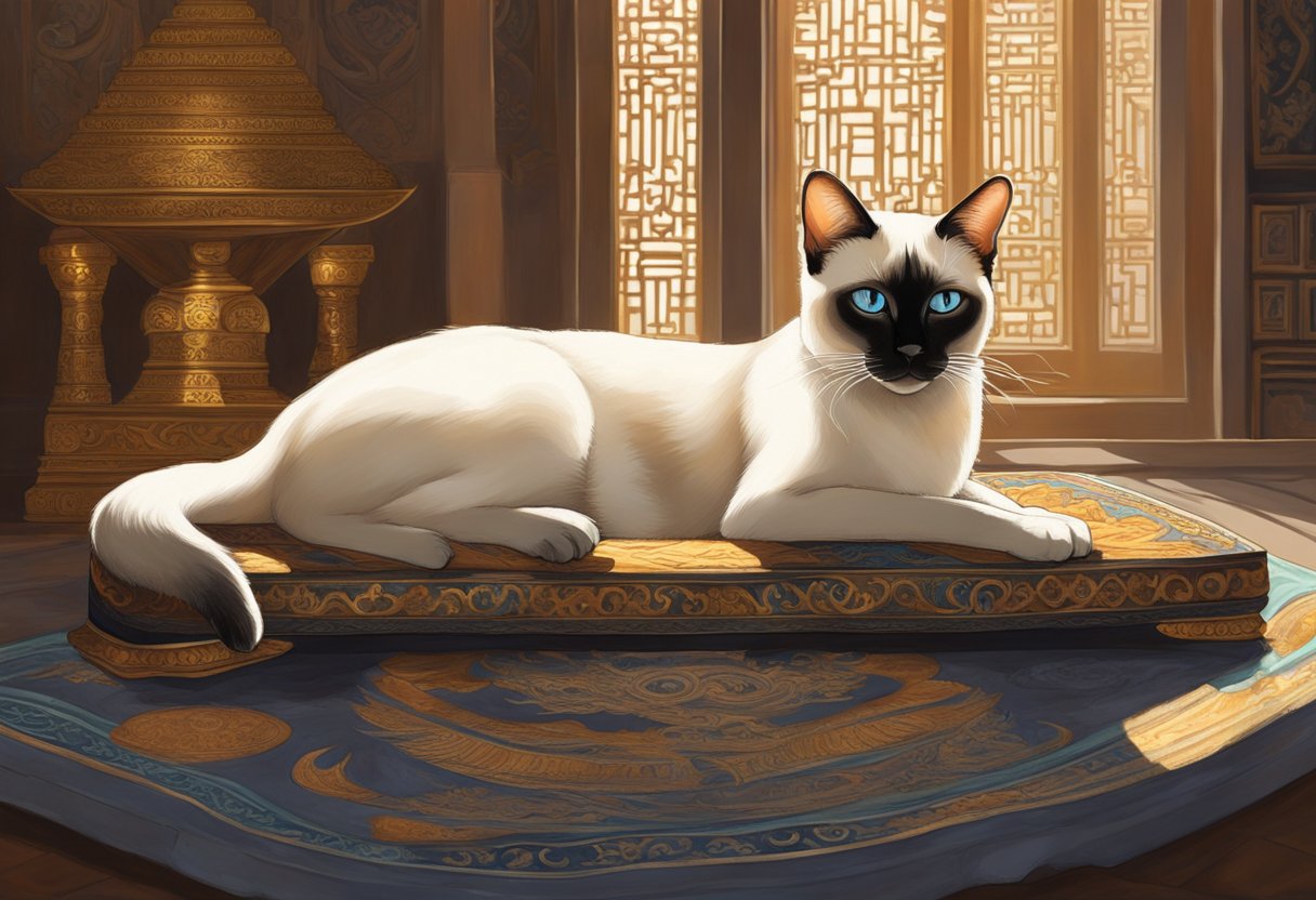 An old Siamese cat lounges on a velvet cushion, surrounded by ornate Thai decor and ancient artifacts. Sunlight filters through the window, casting a warm glow on the feline's sleek fur