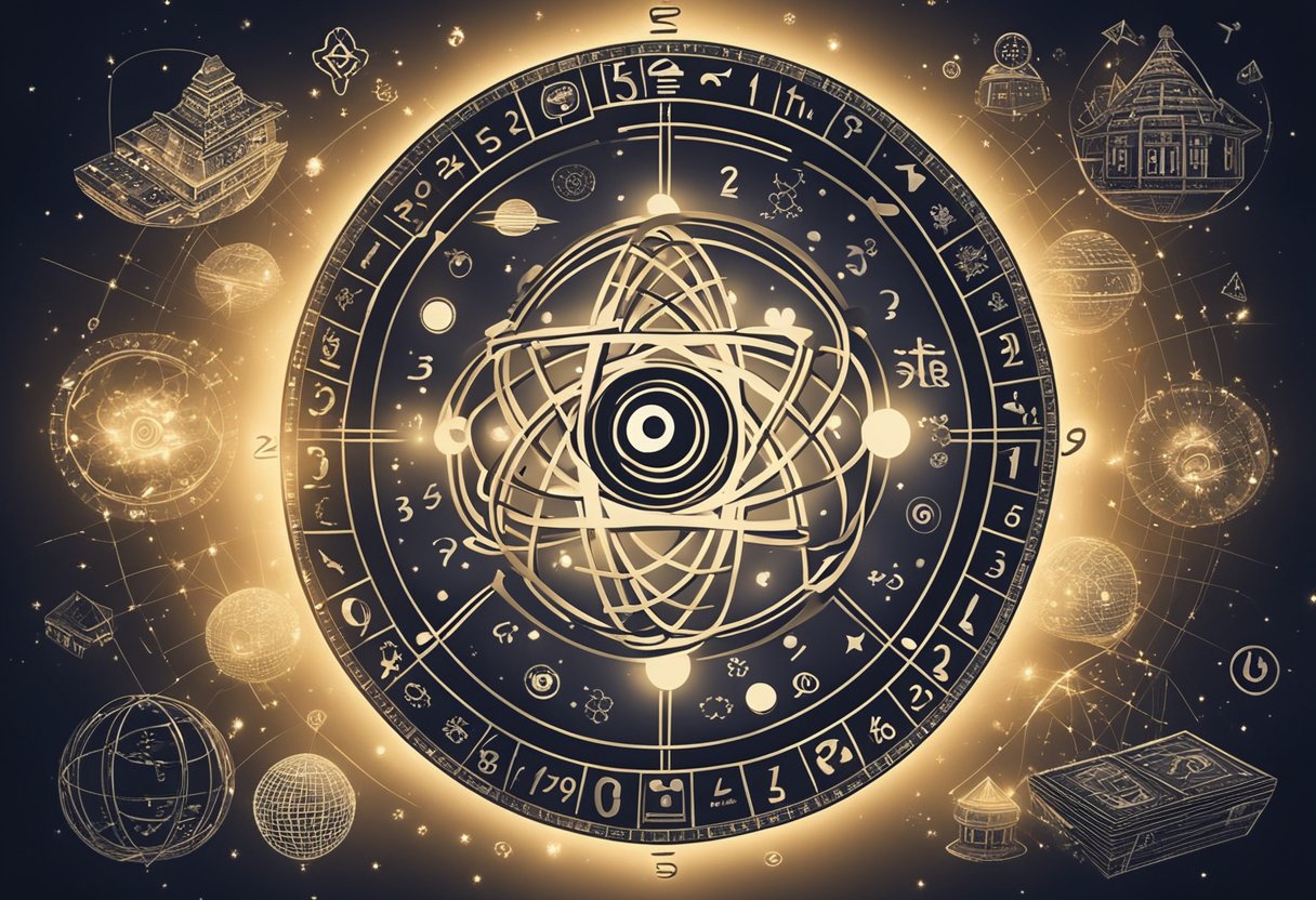 A glowing atom surrounded by symbols of different cultures and numbers, representing the cultural and numerological significance of the baby name