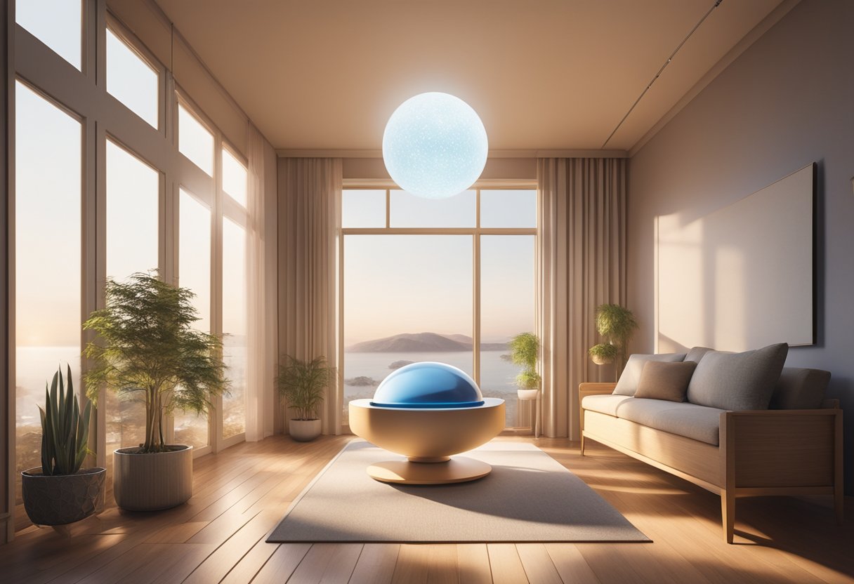 A glowing orb hovers above a cradle, emitting a soft, warm light. Gentle waves of energy radiate outwards, filling the room with a sense of peace and tranquility