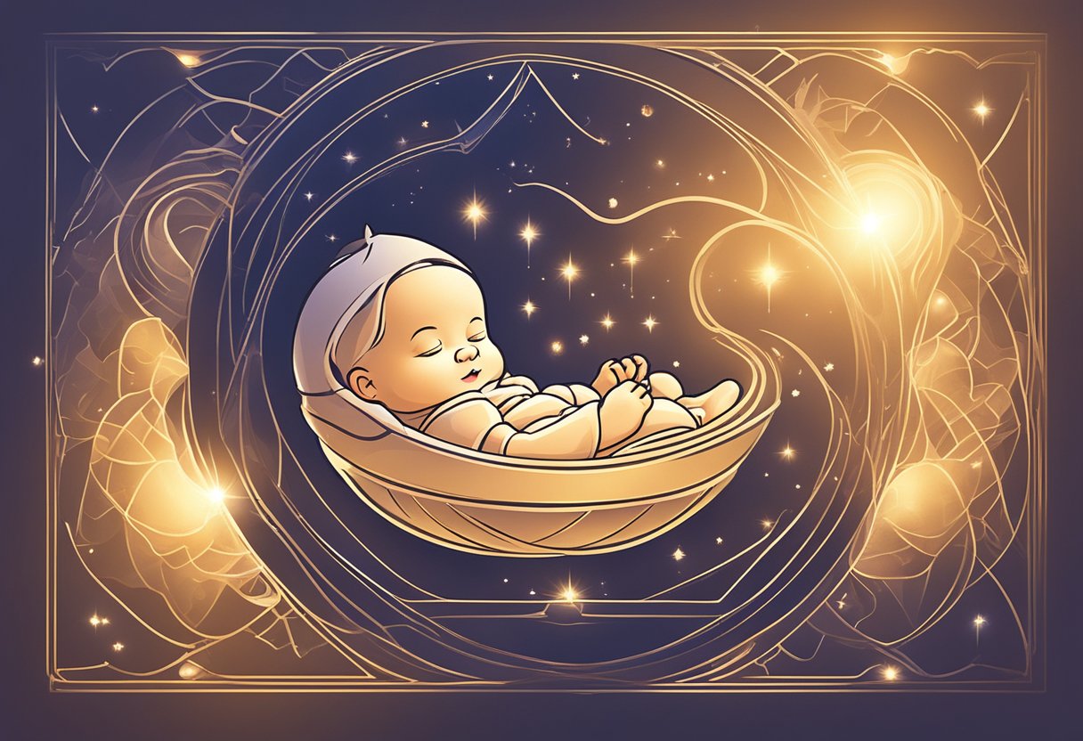 A glowing baby name hovers above a cradle, emanating a warm aura of love and protection