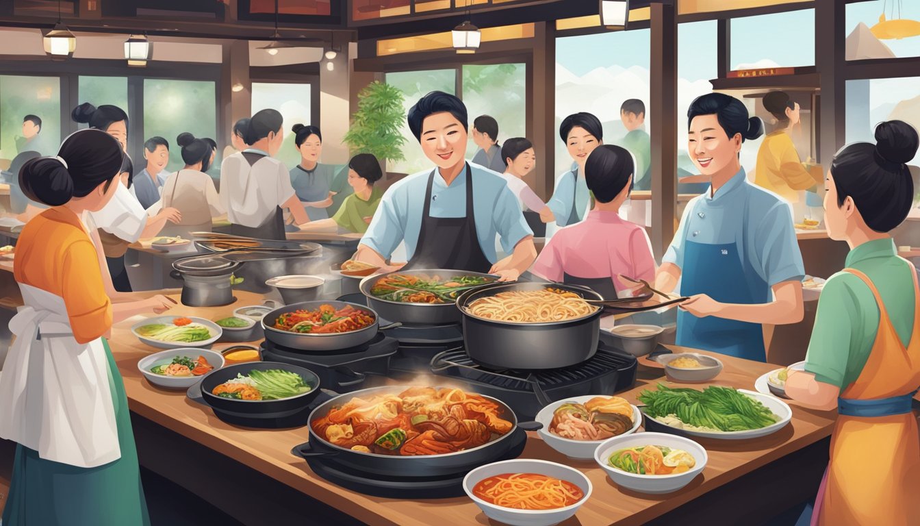 A bustling Bornga Korean restaurant with sizzling grills, colorful banchan dishes, and lively conversations