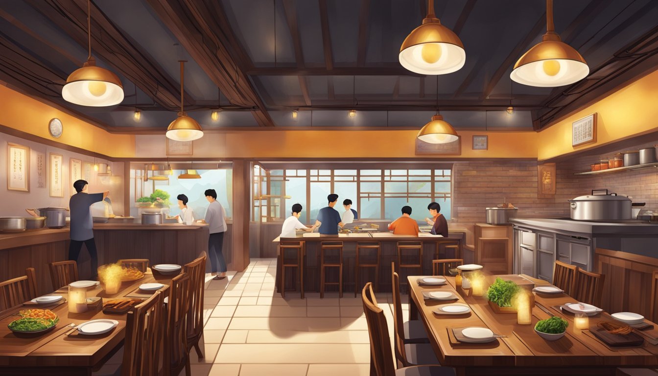 Customers enter Bornga Korean restaurant, greeted by warm lighting and traditional decor. The aroma of sizzling barbecue fills the air as chefs expertly prepare dishes