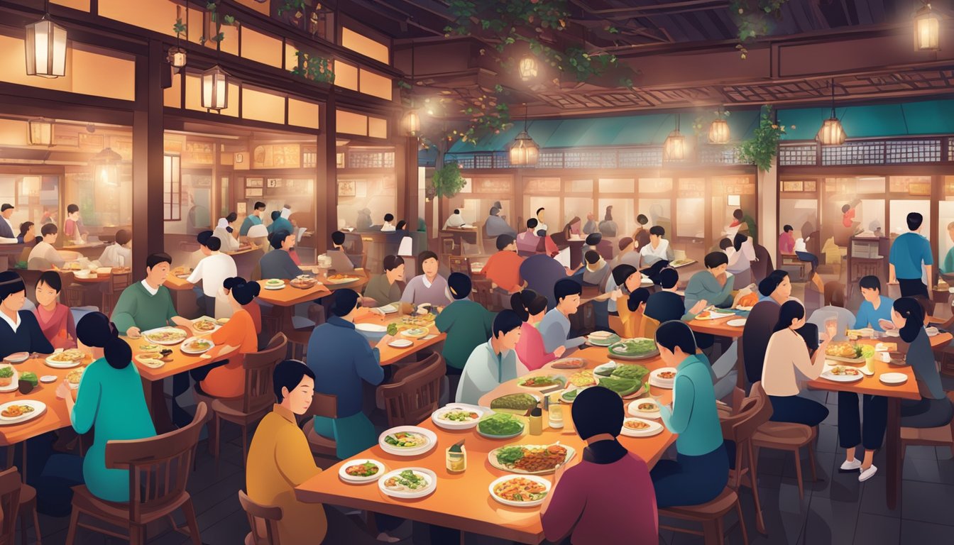 A bustling Korean restaurant with diners enjoying traditional dishes, servers bustling between tables, and a vibrant atmosphere